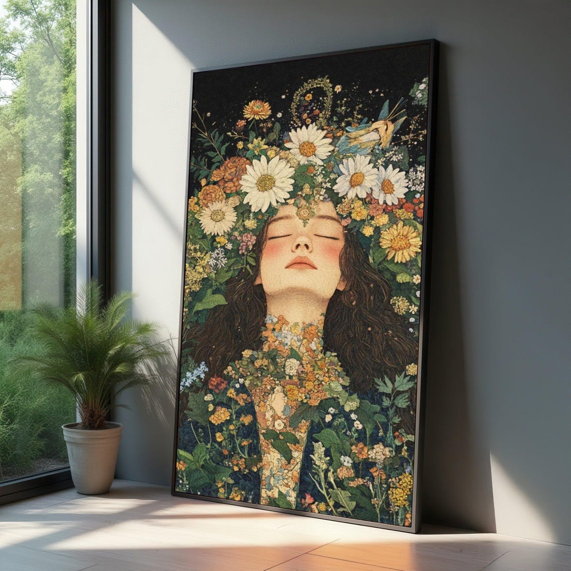 Serene Floral Crown Woman Portrait Dark Botanical Night Poster