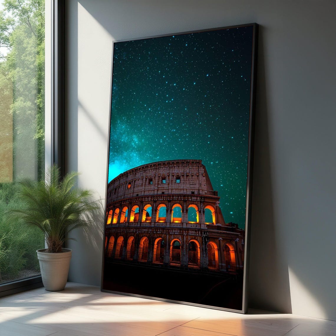 Illuminated Colosseum Rome Starry Night Sky Glowing Arches Poster