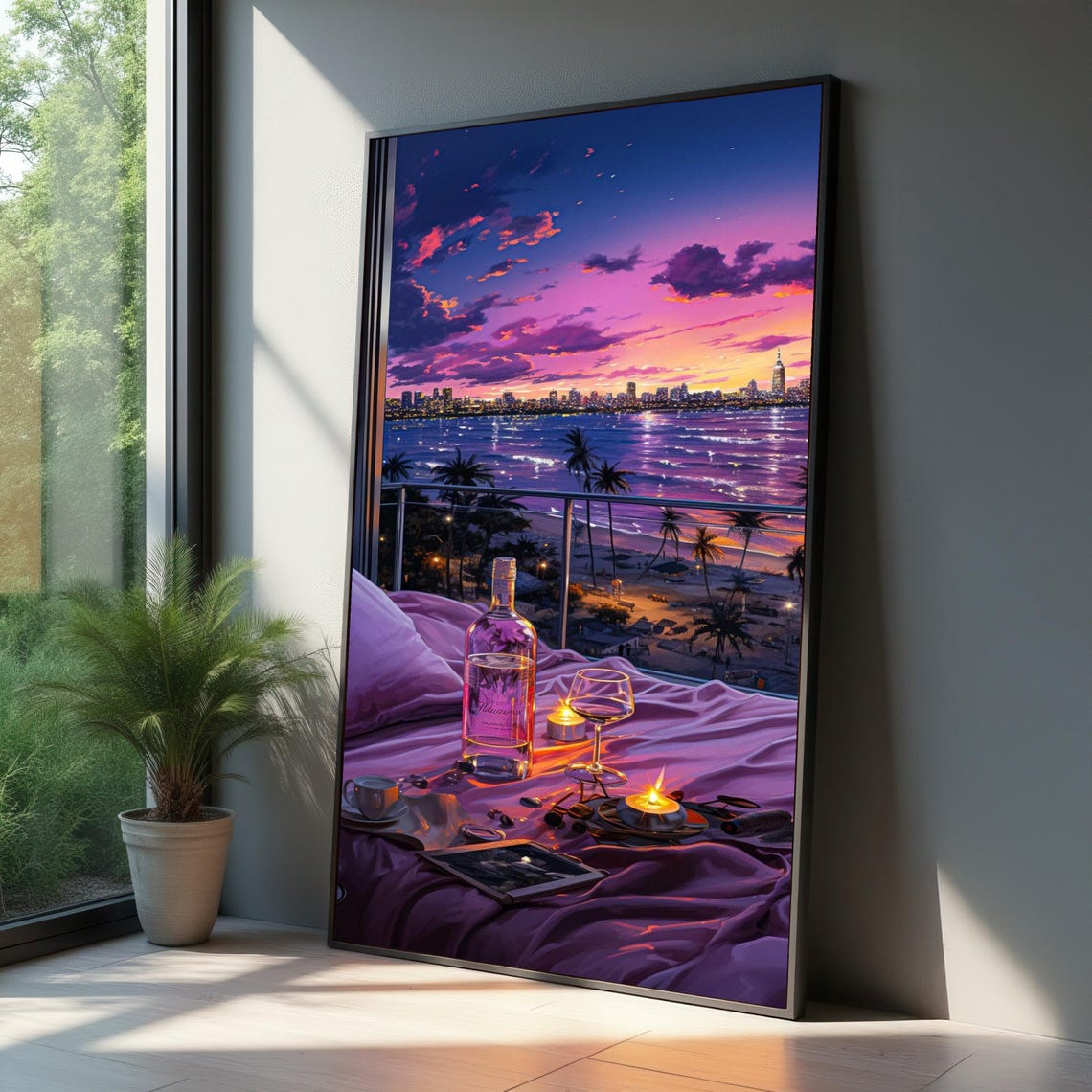 Romantic Sunset Balcony View City Lights Wine Candle Art Poster