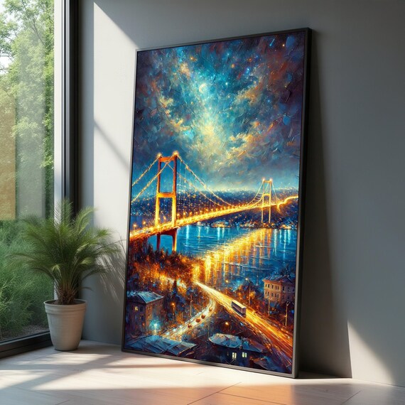 Illuminated Suspension Bridge Night Scene Canvas Cityscape Wall Art Vibrant Urban Lights Evening Landscape Modern Home Decor