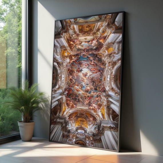 Baroque Ceiling Fresco Canvas Wall Art Ornate Church Interior Renaissance Style Dramatic Sky And Angelic Figures Architectural Home Decor