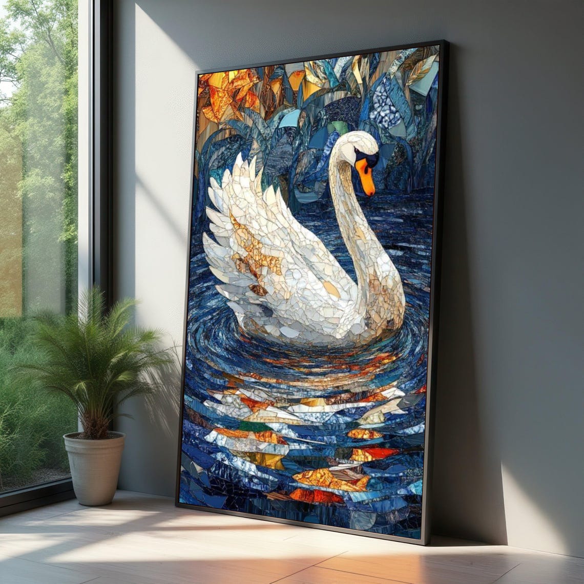 White Swan Mosaic Blue Water Elegant Stained Glass Style Poster