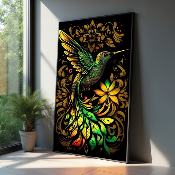 Vibrant Hummingbird Canvas Wall Art Colorful Bird Illustration Floral Nature Design Tropical Home Decoration Ready To Hang