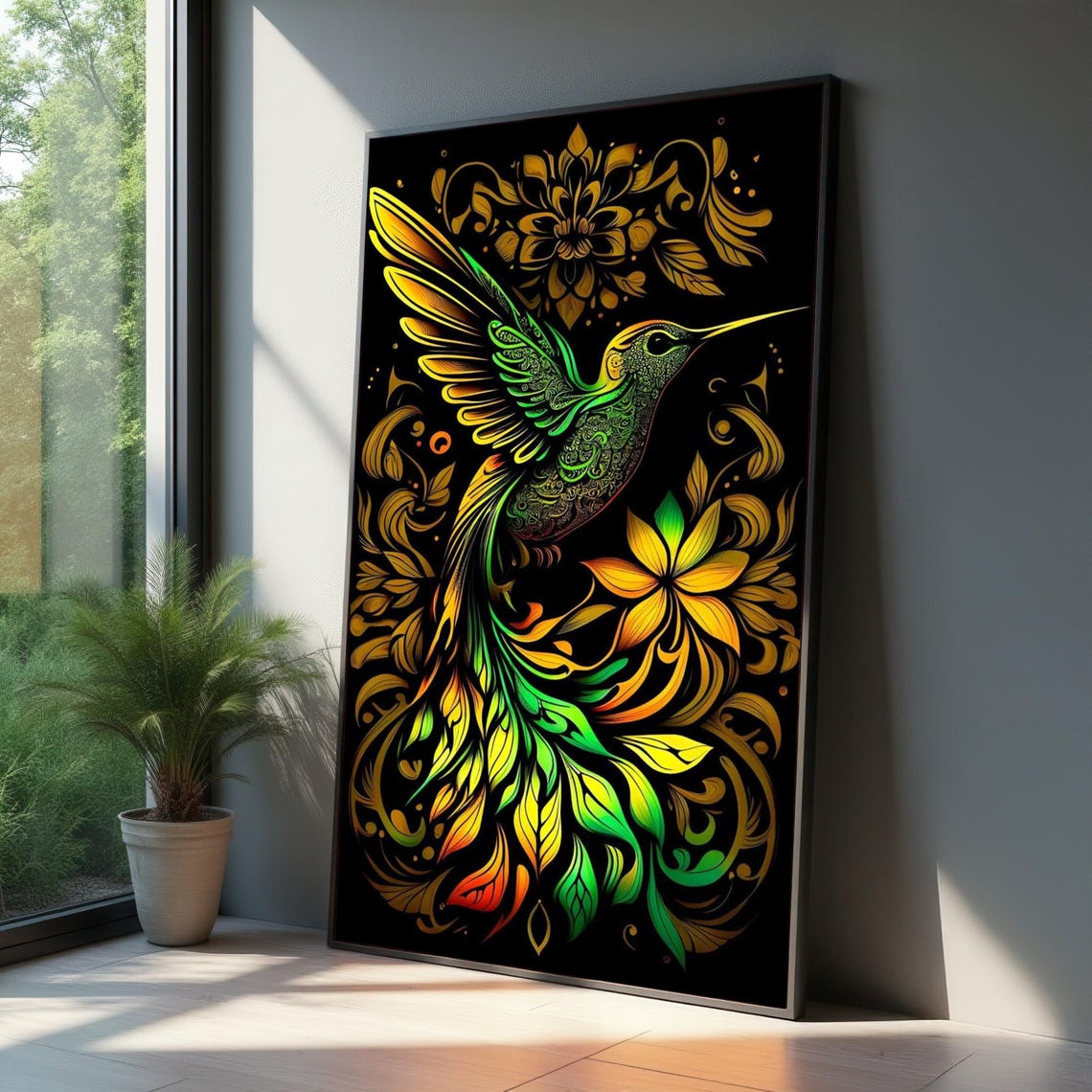 Neon Hummingbird Gold Floral Black Background Luminous Bird Poster
