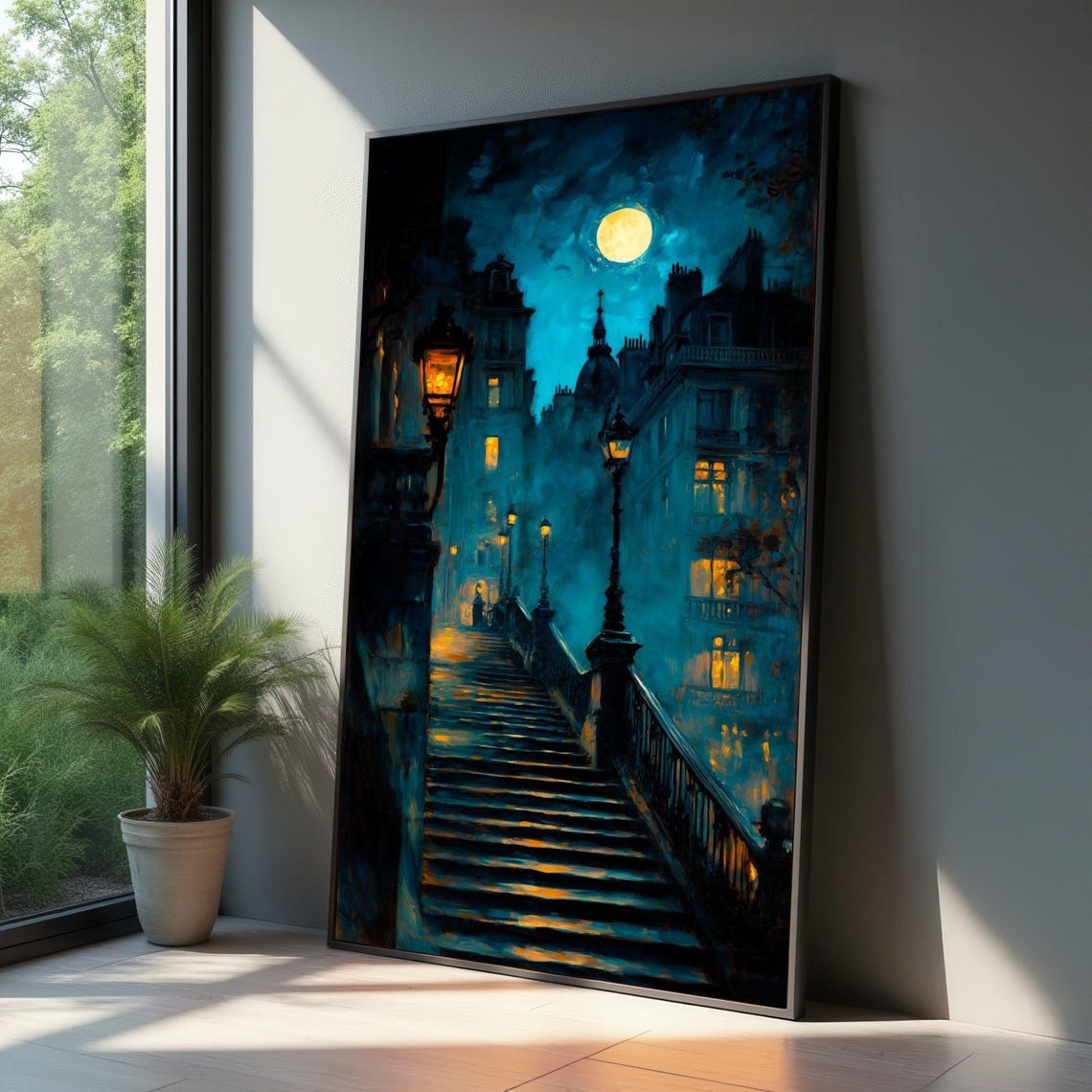 Moonlit Paris Street Steps Lamplight Impressionist Night Poster