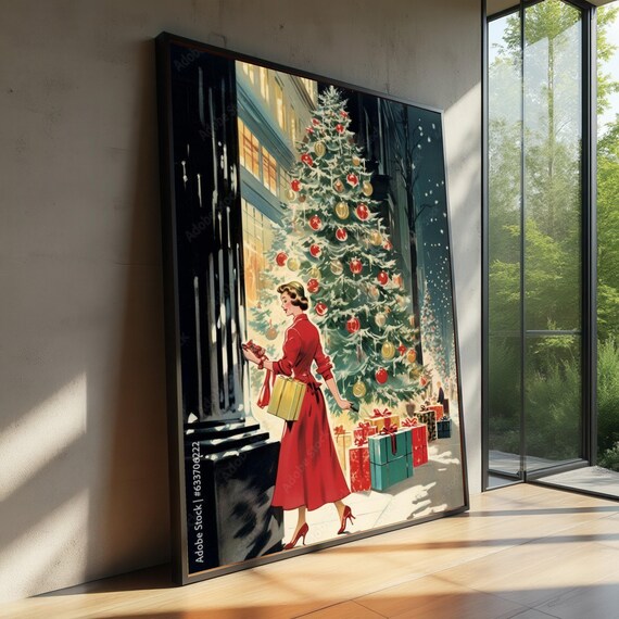 Vintage 1950s Christmas Shopping Scene Woman With Tree Holiday Art Poster
