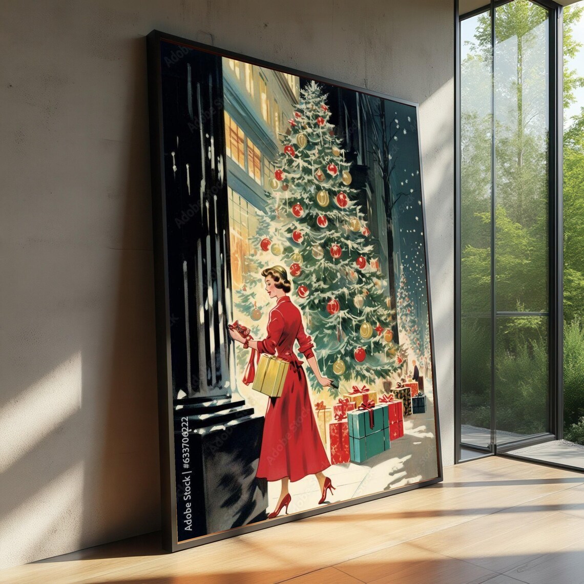 Vintage 1950s Christmas Shopping Scene Woman With Tree Holiday Art Poster