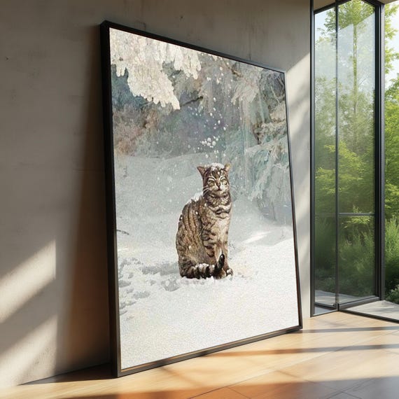 Tabby Cat In Falling Snow Winter Forest Cozy Wildlife Animal Art Poster