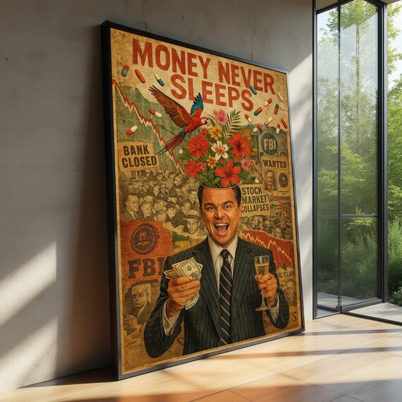 Money Never Sleeps Canvas Wall Art Stock Market Collapse Vintage Financial Poster Decor For Finance Enthusiasts Motivational