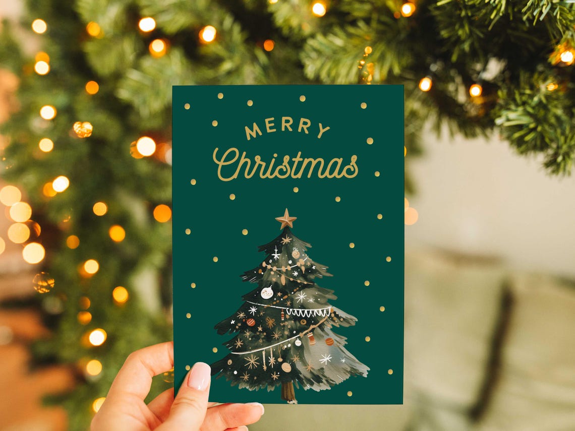 Festive Gold Merry Christmas Script Green Watercolor Tree Poster - Image 2