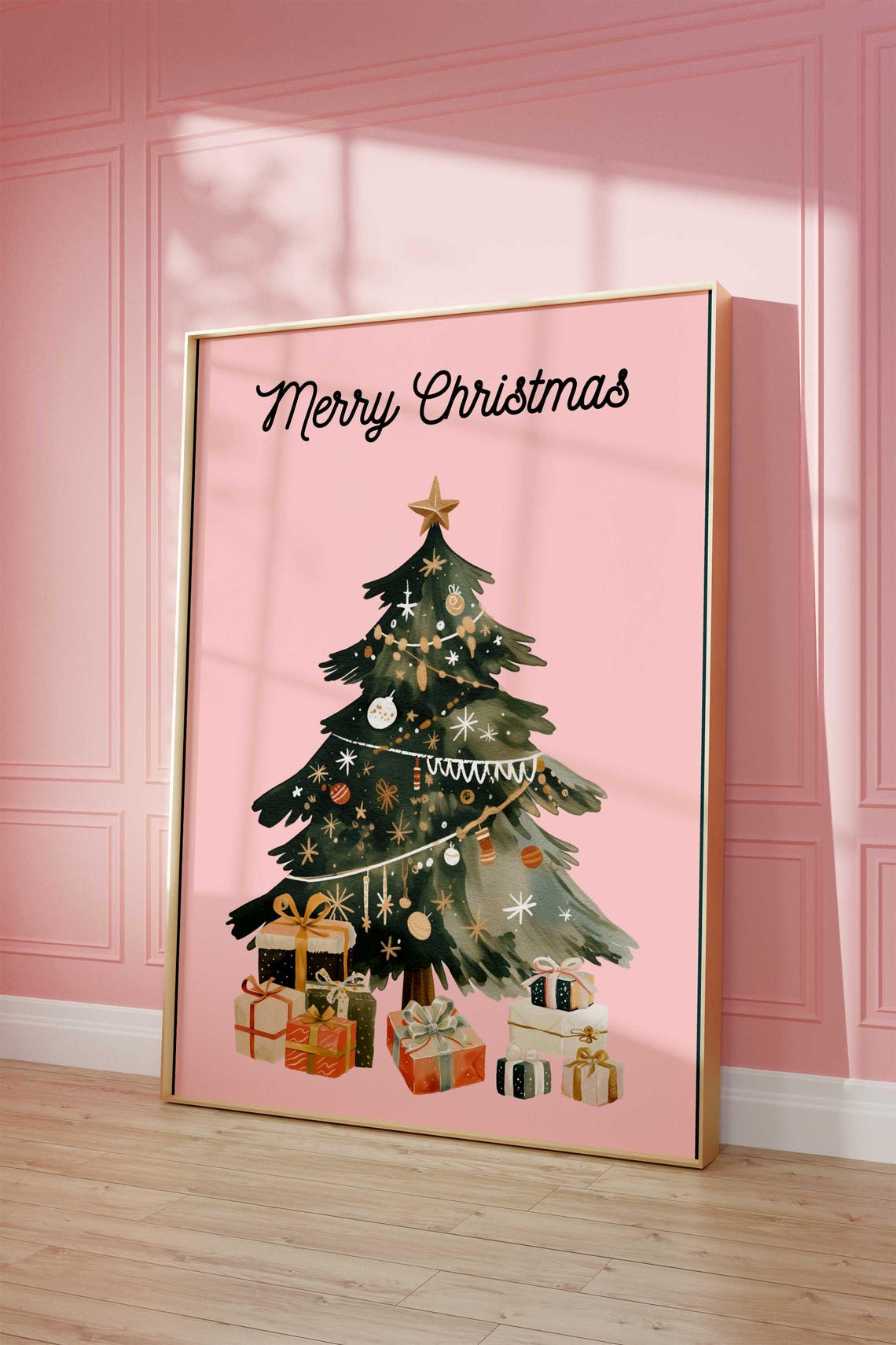 Black Merry Christmas Script Pink Watercolor Tree Gifts Holiday Poster - Image 4