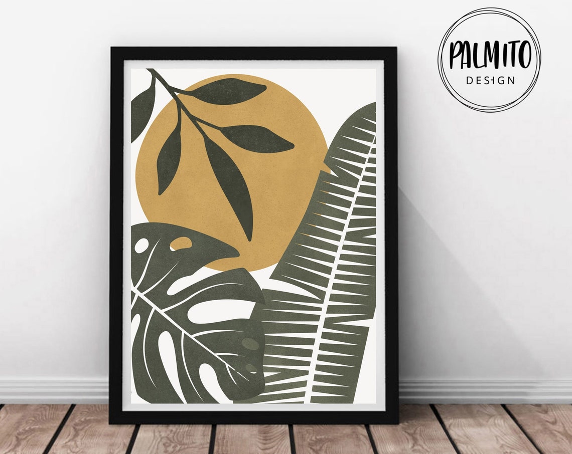 Boho Tropical Monstera Leaf Olive Green Mustard Sun Statement Poster