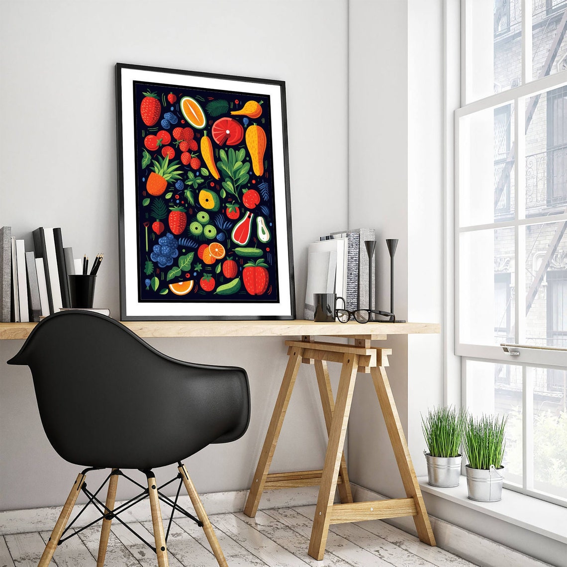 Colorful Fruits Vegetables Dark Background Kitchen Illustration Poster - Image 3