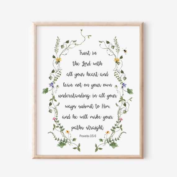Proverbs 356 Trust In The Lord With All Your Heart Bible Verse Wall Art Christian Gift Scripture Print Watercolor Wildflowers Women