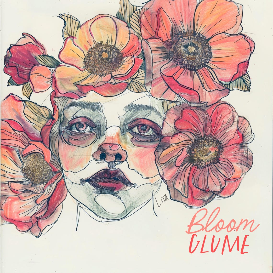 Untitled In Bloom Coral Poppy Flower Face Lowbrow Botanical Art Print