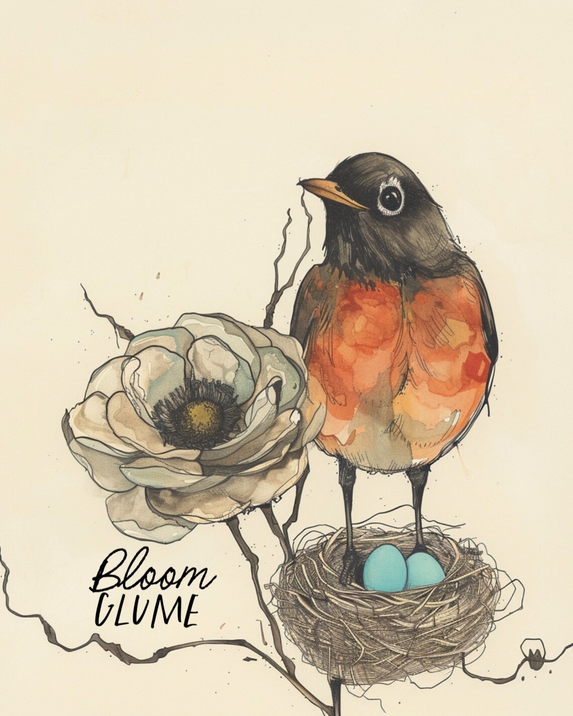 American Robin With Nest Blue Eggs Watercolor Bird Art Print - Image 3