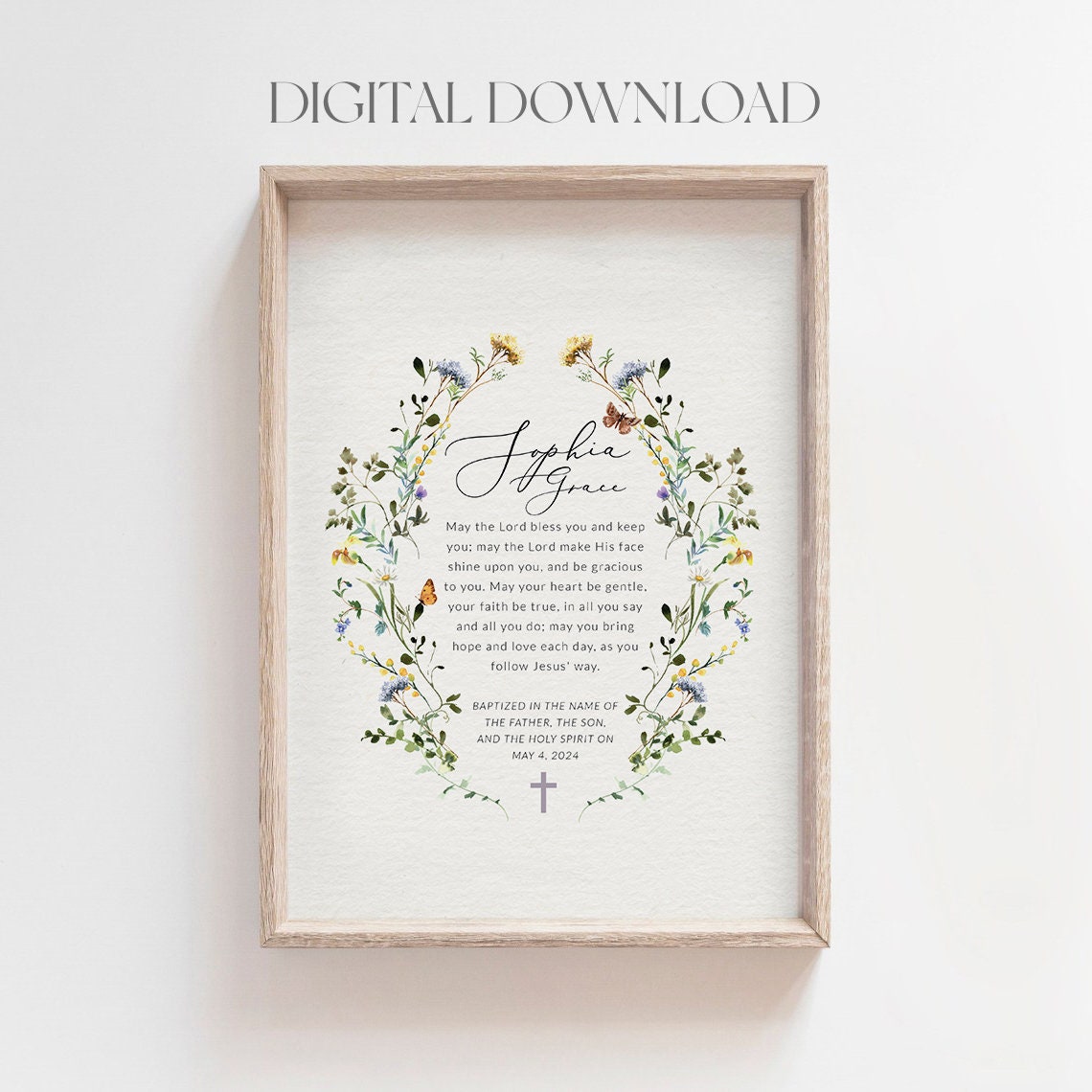 Personalized Baptism Print Custom Name Wildflower Wreath Blessing Art - Image 2