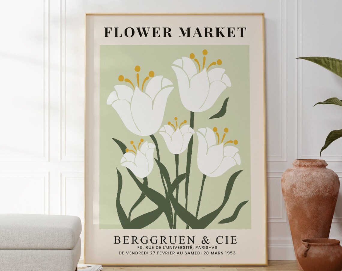 White Tulips Berggruen Gallery 1953 Paris Flower Market Exhibition Poster
