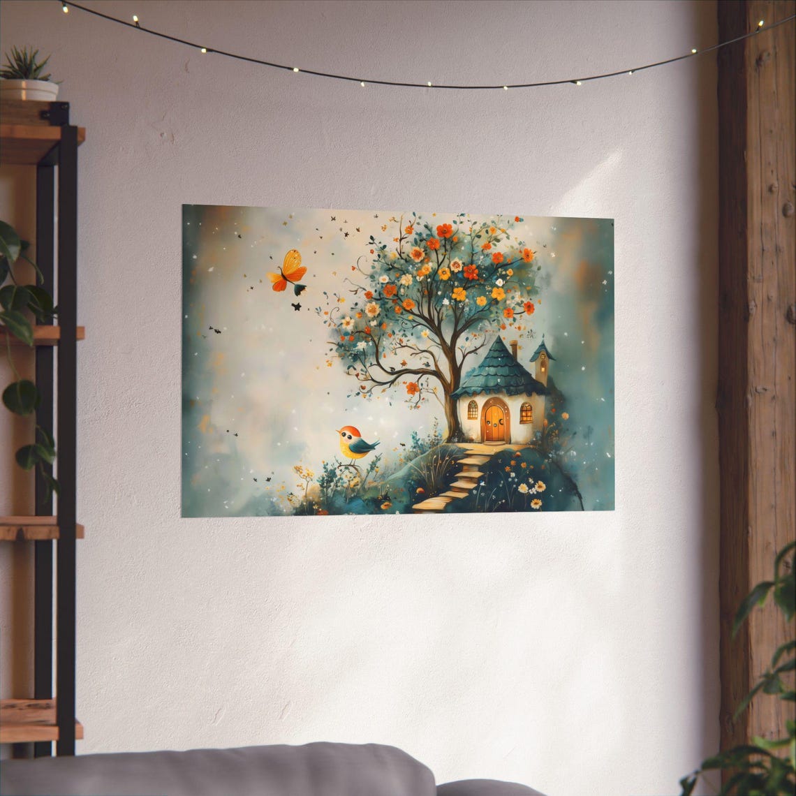 Whimsical Fairy Cottage on Flower Hill With Blossom Tree Poster