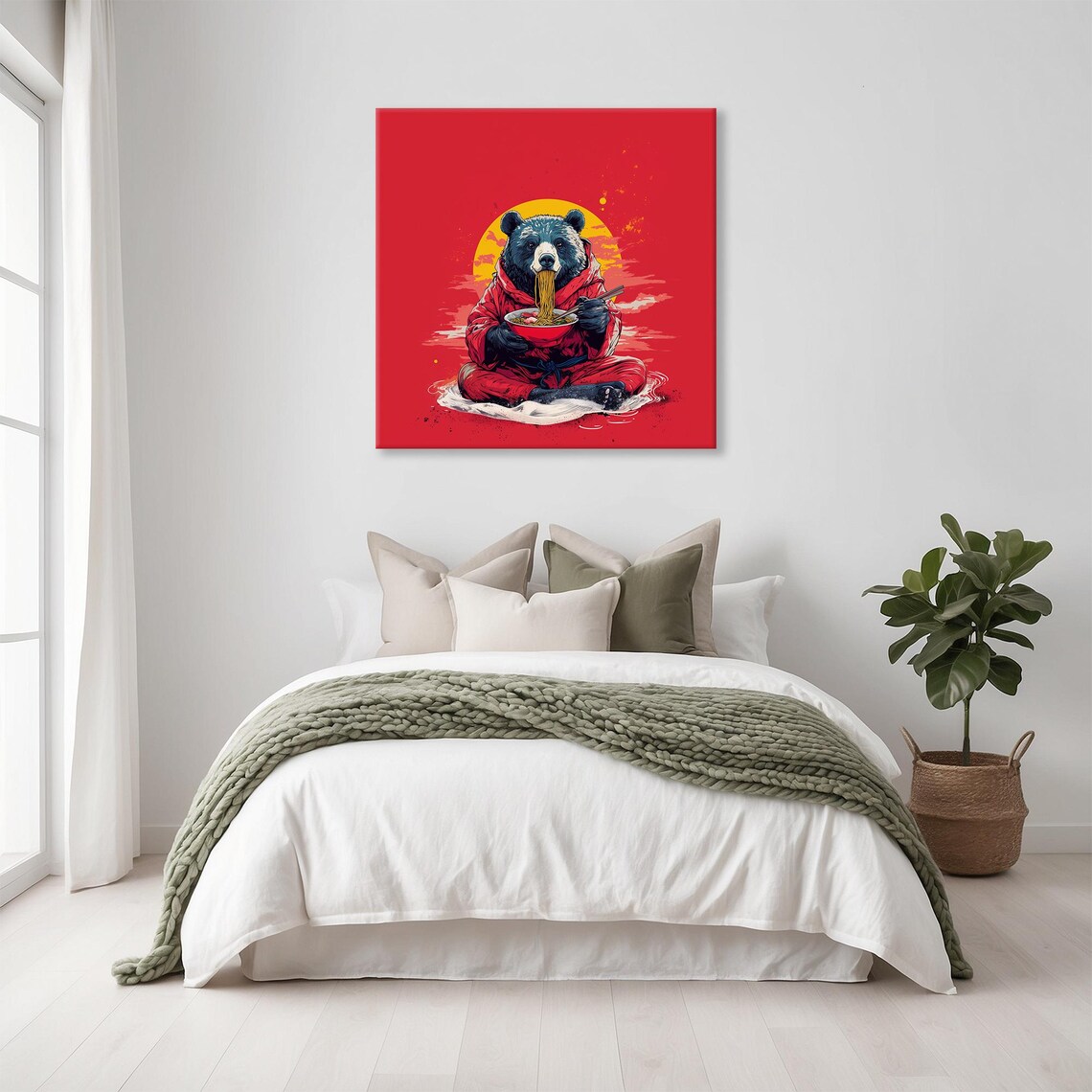 Black Bear Eating Ramen in Red Kimono Rising Sun Japanese Pop Art Poster
