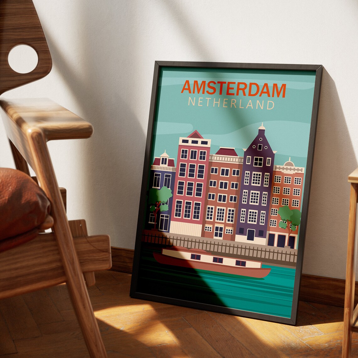 Amsterdam Canal Houses Houseboat Retro Dutch Travel Art Poster - Image 3