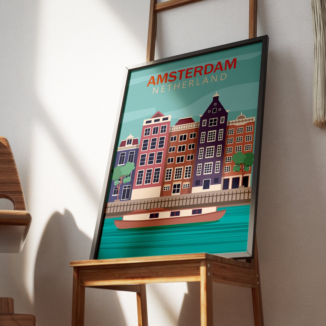 Amsterdam Canal Houses Houseboat Retro Dutch Travel Art Poster - Image 2