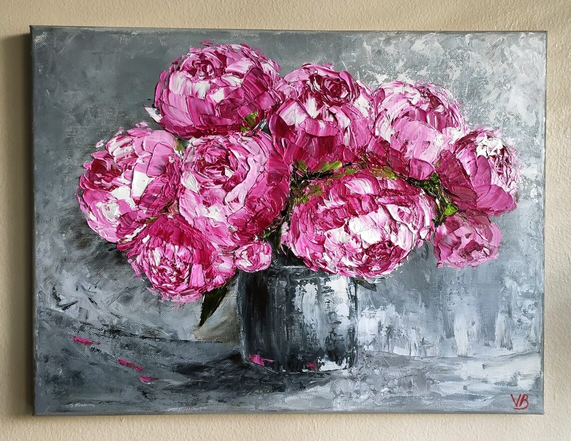 Pink Peonies Bouquet Gray Vase Impasto Floral Oil Painting Wall Art - Image 3