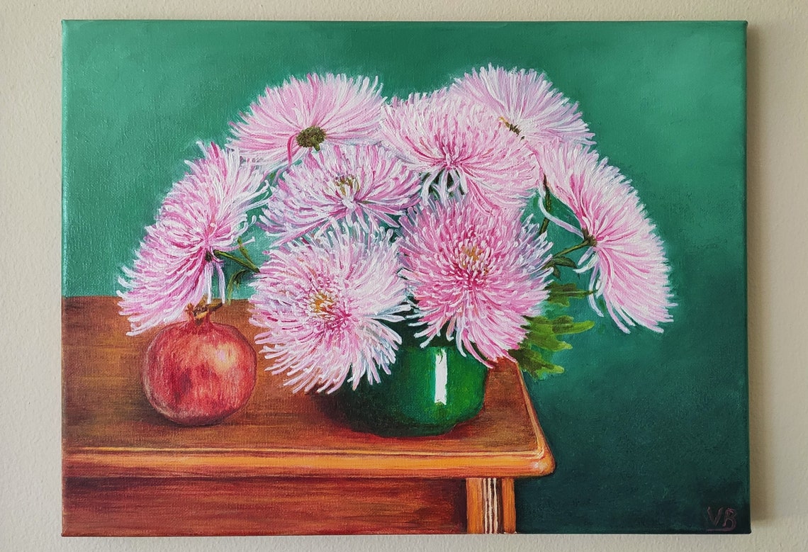 Pink Chrysanthemums In Green Vase Wooden Table Still Life Poster - Image 4