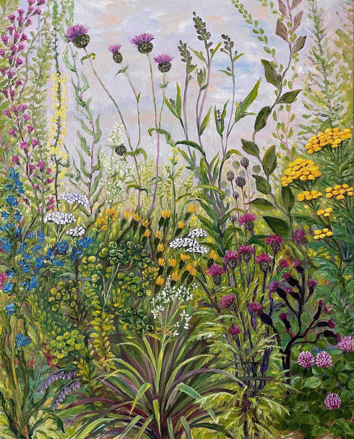 Wildflower Garden Herbs Thistles Botanical Oil Painting Green Wall Art - Image 4