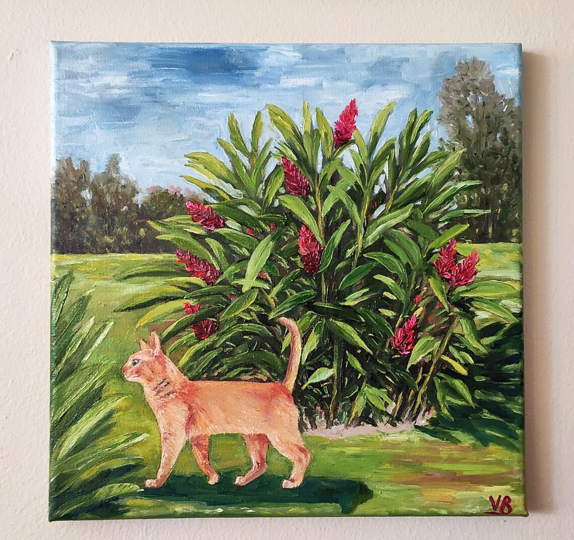 Ginger Cat Tropical Garden Red Flowers Oil Painting Animal Wall Art - Image 3