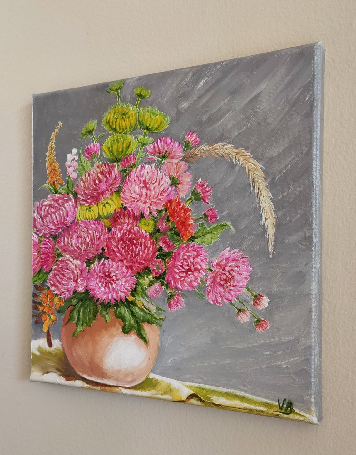 Pink Chrysanthemums Bouquet Vase Fall Floral Oil Painting Wall Art - Image 2