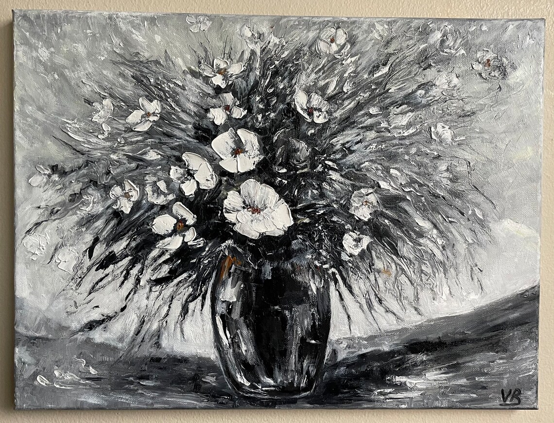 White Wildflowers Bouquet Dark Vase Monochrome Oil Painting Wall Art