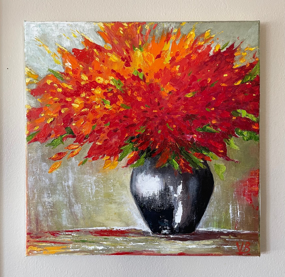 Fiery Red Orange Abstract Flowers Black Vase Modern Floral Poster - Image 3