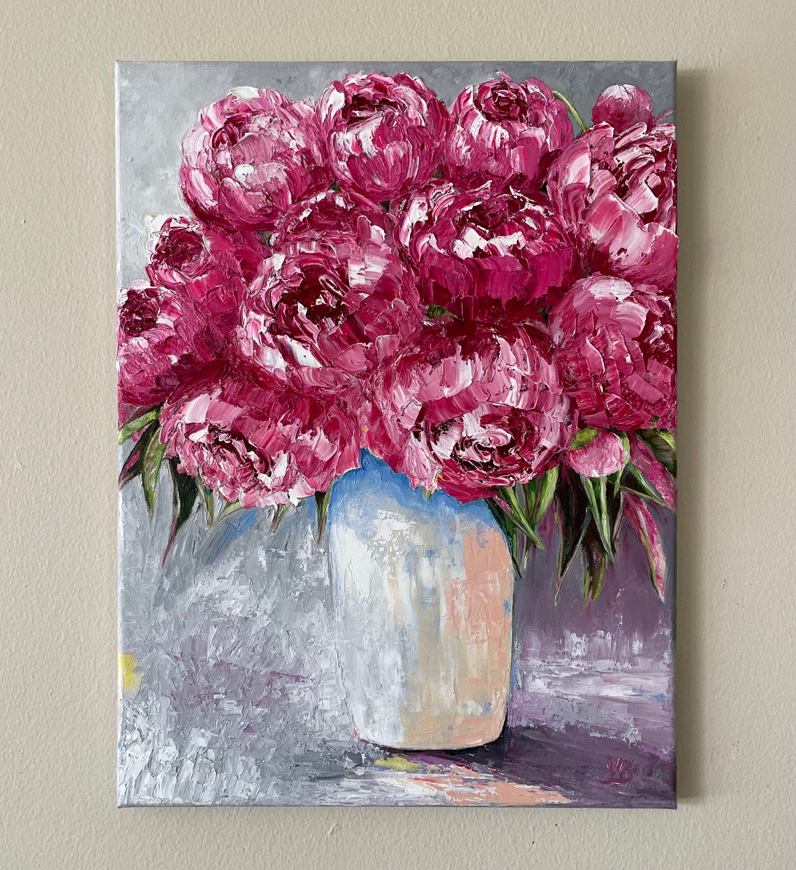 Magenta Pink Peonies Palette Knife Impasto Floral Bouquet Poster - Image 4