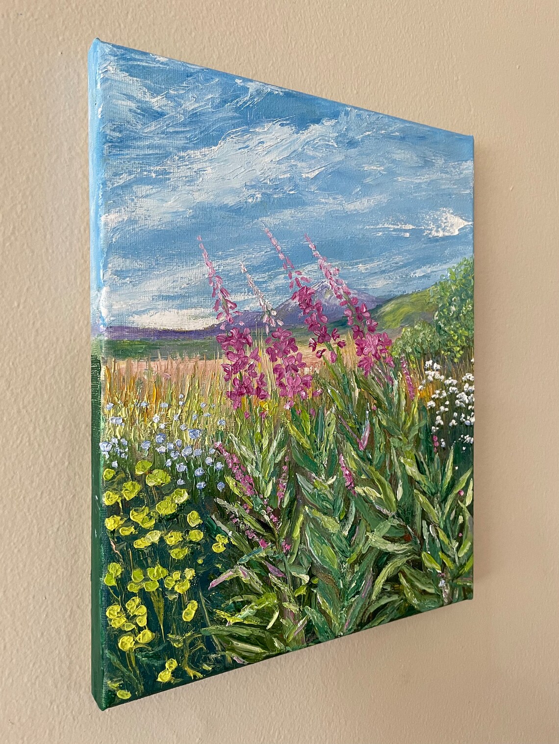 Fireweed Wildflower Meadow Blue Sky Summer Landscape Oil Painting Art - Image 2