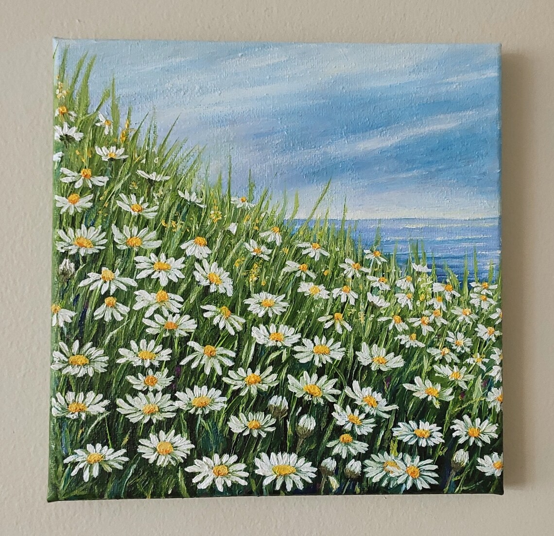 White Daisies Field By The Sea Blue Sky Original Oil Painting Wall Art - Image 4