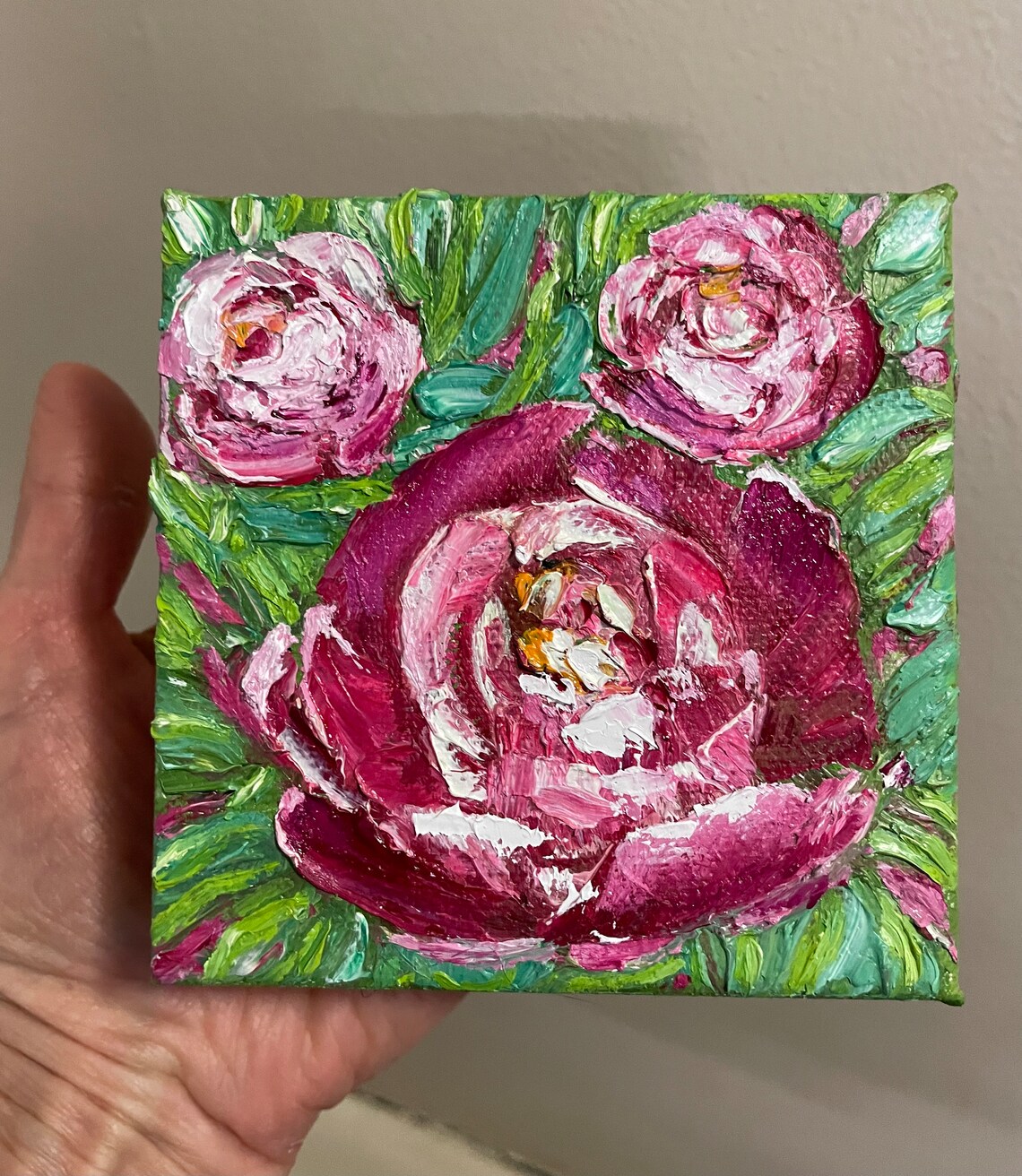 Pink Peony Bloom Trio Impasto Palette Knife Floral Oil Painting Art - Image 3