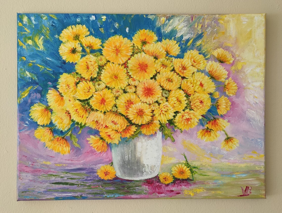 Golden Yellow Chrysanthemum Bouquet White Vase Bright Floral Poster - Image 3