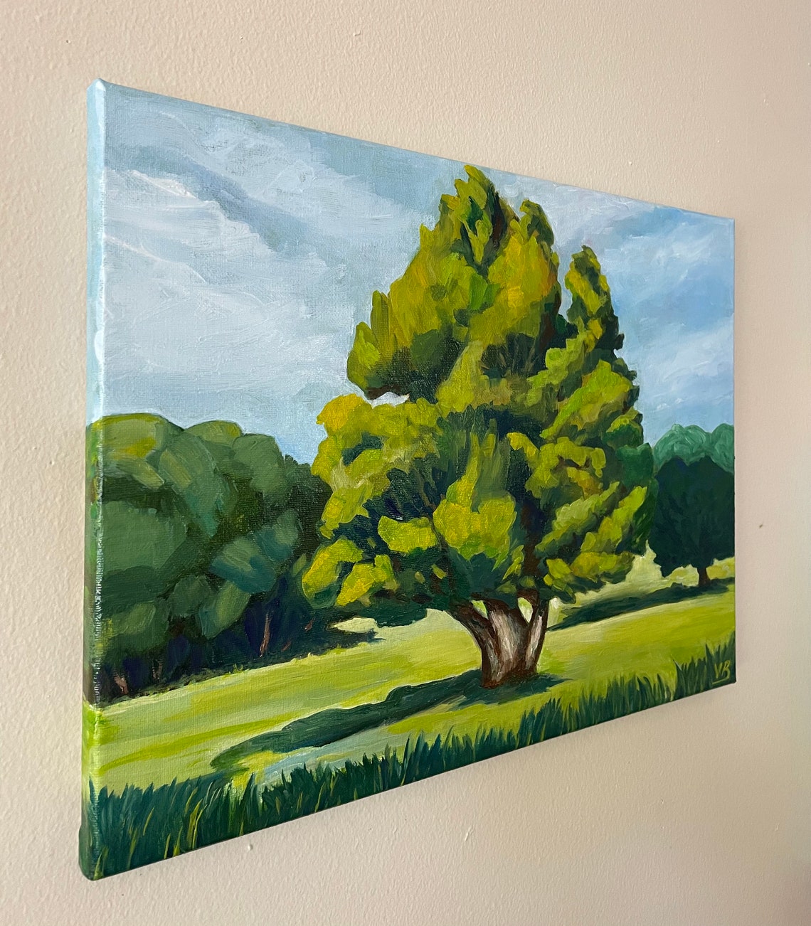 Sunlit Oak Tree Green Meadow Park Summer Landscape Oil Painting Art - Image 3