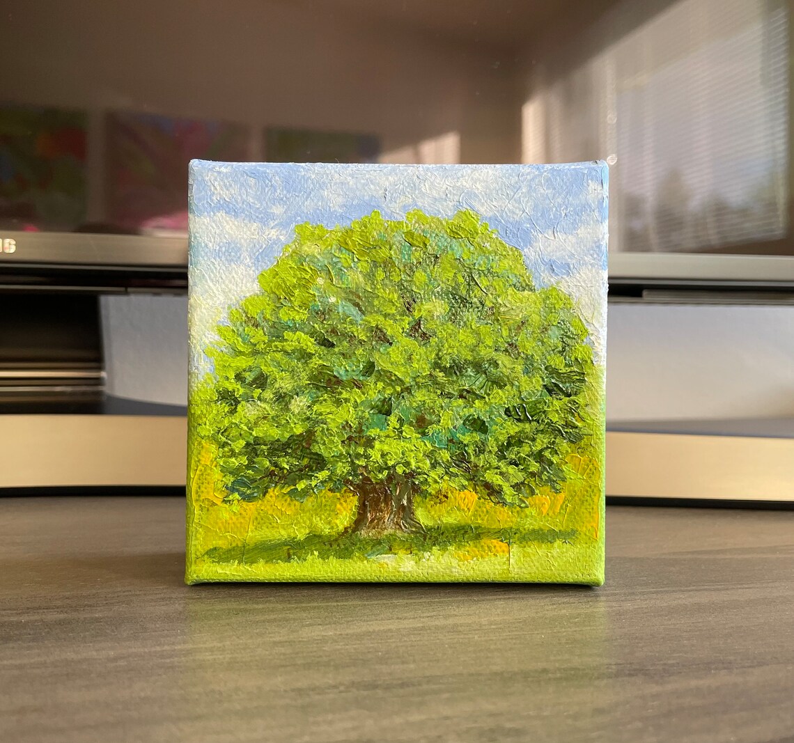 Old Oak Tree In Green Meadow Under Blue Sky Country Landscape Art Poster