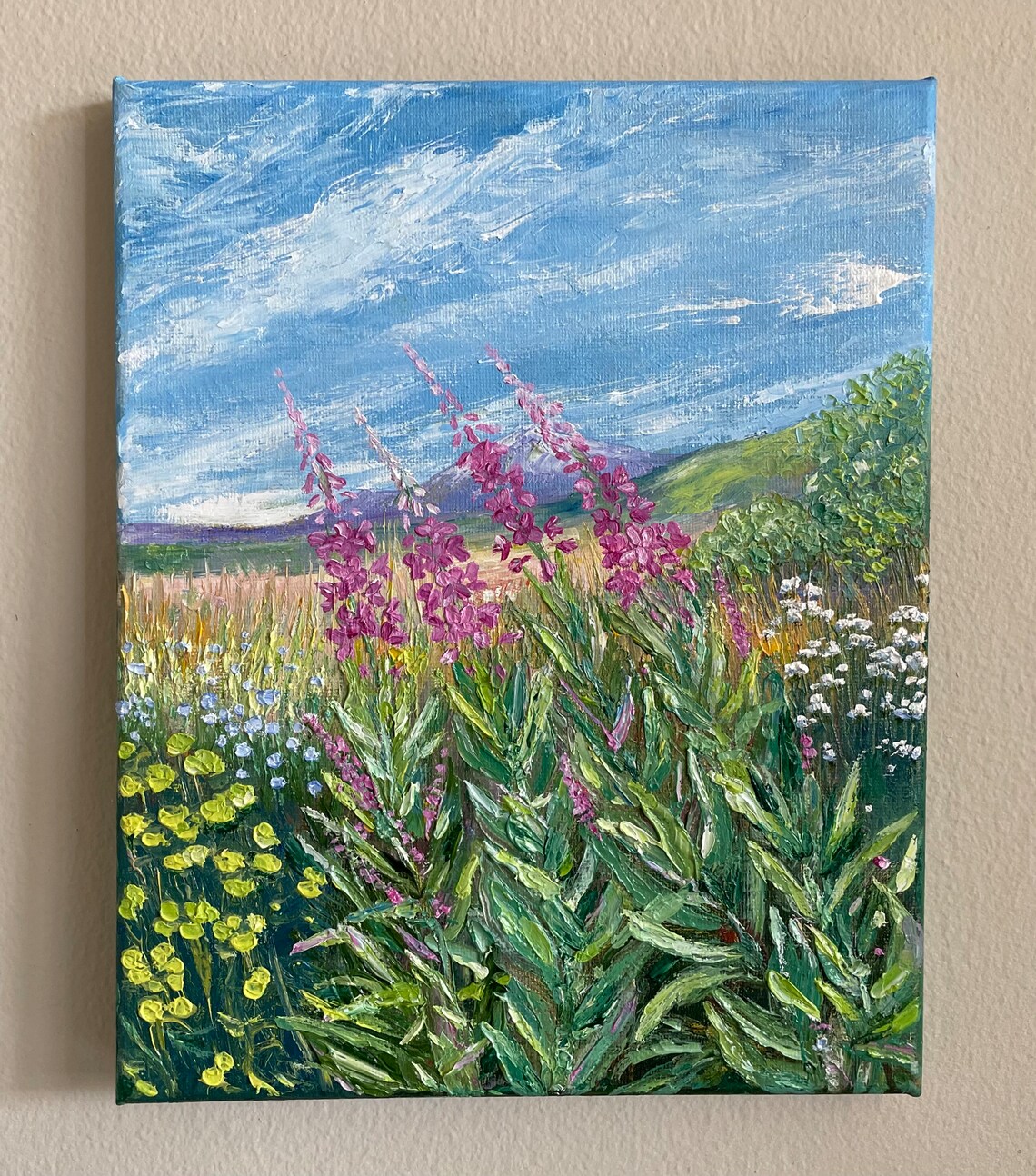 Fireweed Wildflower Meadow Blue Sky Summer Landscape Oil Painting Art