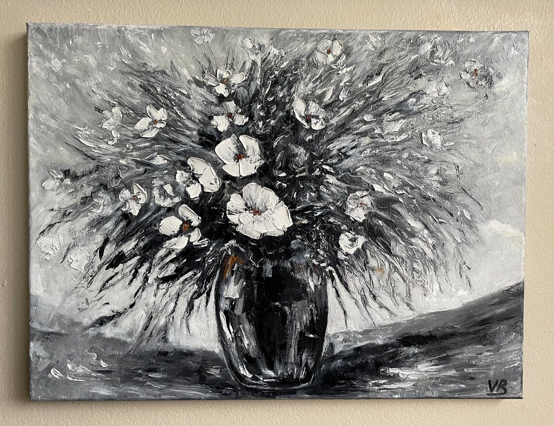 White Wildflowers Bouquet Dark Vase Monochrome Oil Painting Wall Art - Image 3