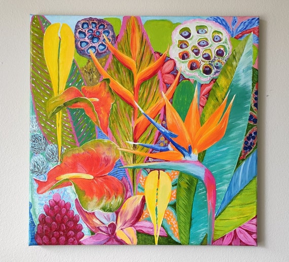 Hawaiian Tropical Flowers Leaves Original Handmade Oil Painting On Bright Tropical Plants Art Wall Art Decor One Of A Kind Gift