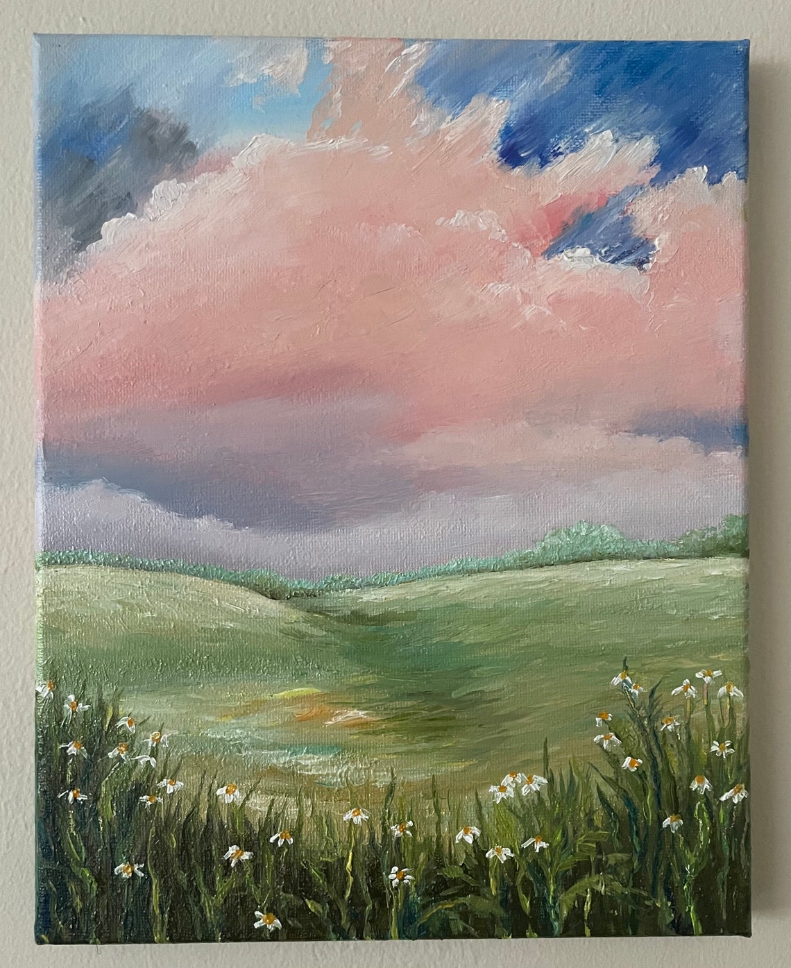 Daisy Meadow Pink Sky Rolling Hills Landscape Oil Painting Wall Art - Image 3