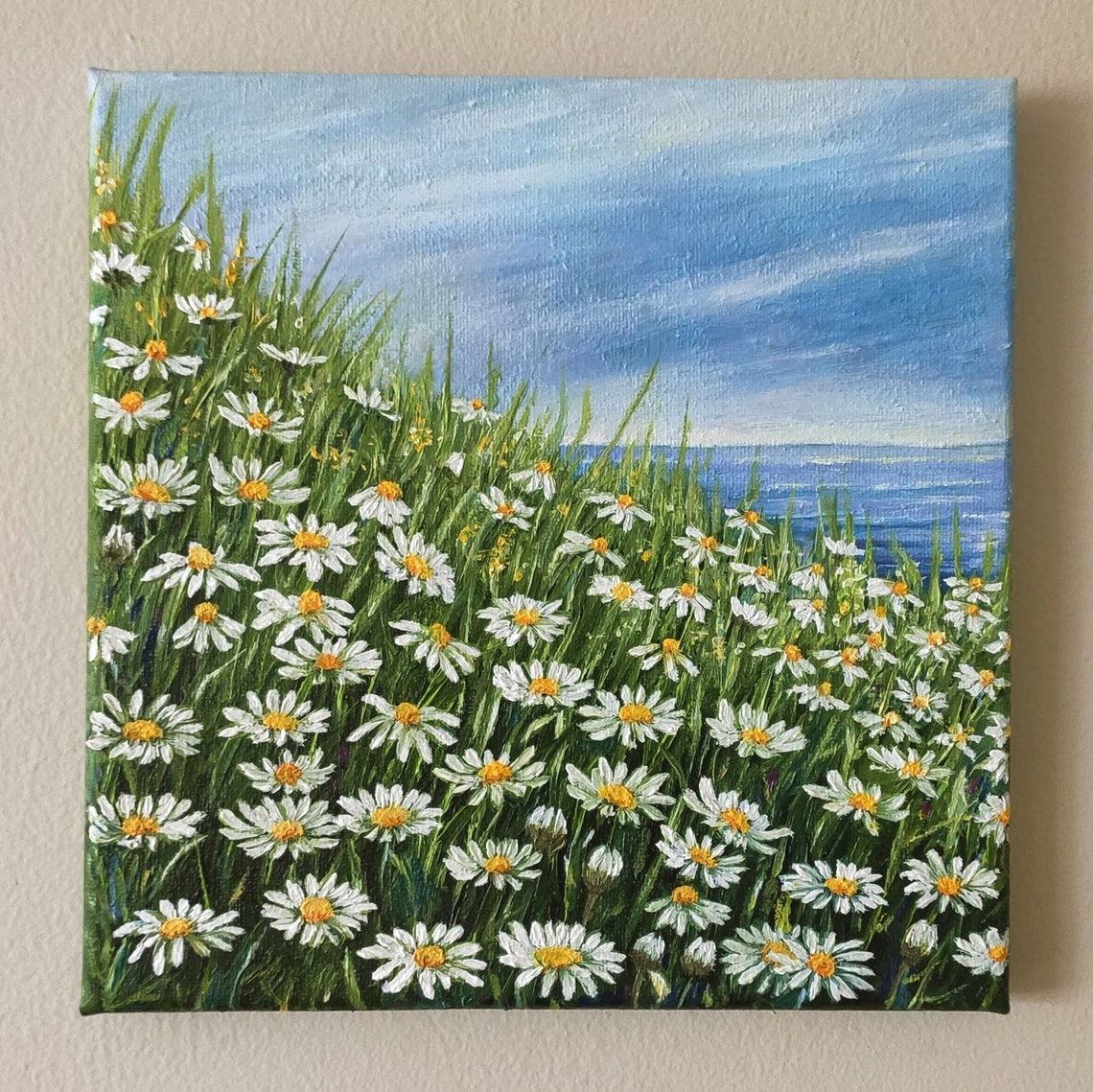 White Daisies Field By The Sea Blue Sky Original Oil Painting Wall Art - Image 2
