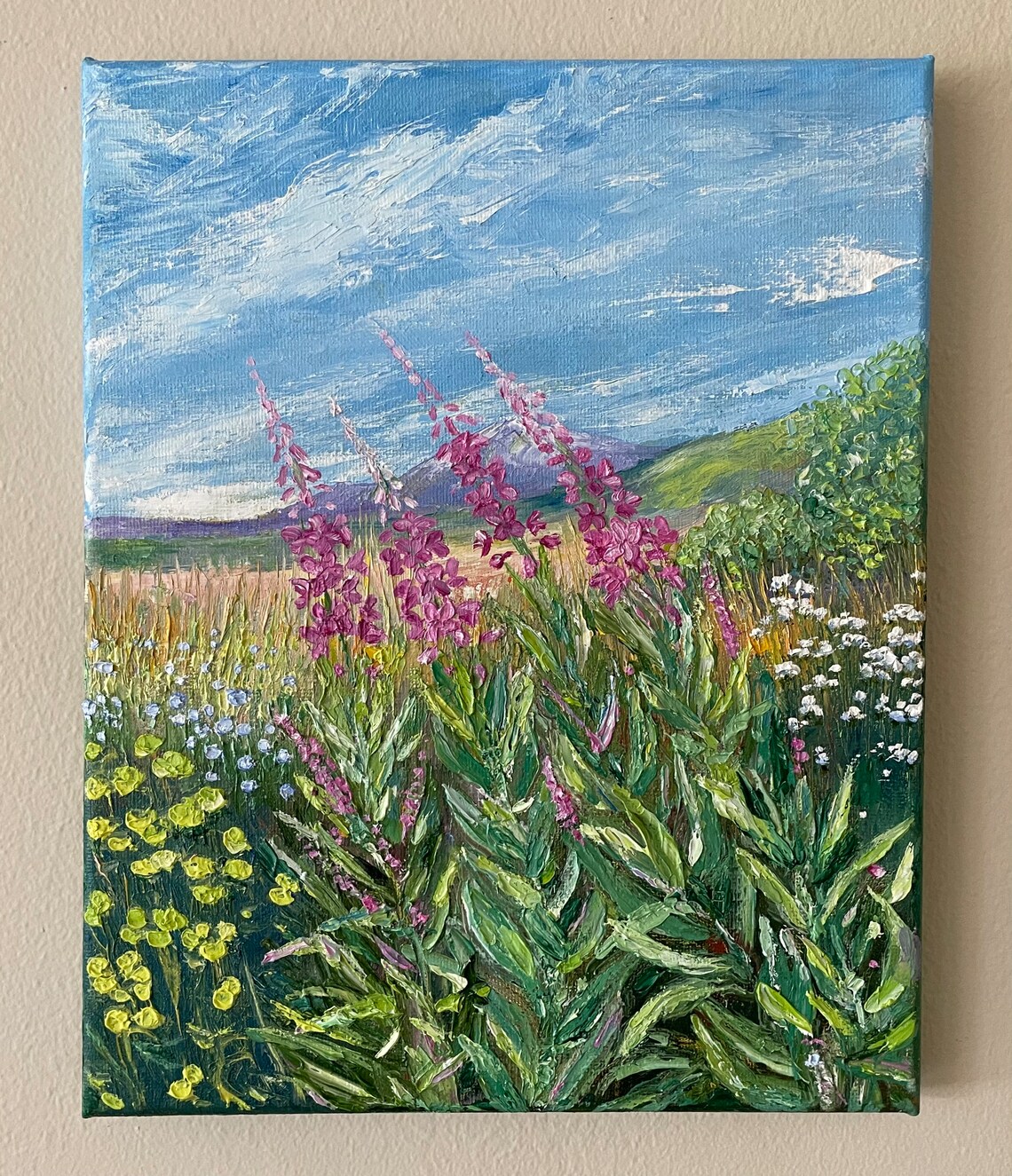 Fireweed Wildflower Meadow Blue Sky Summer Landscape Oil Painting Art - Image 4