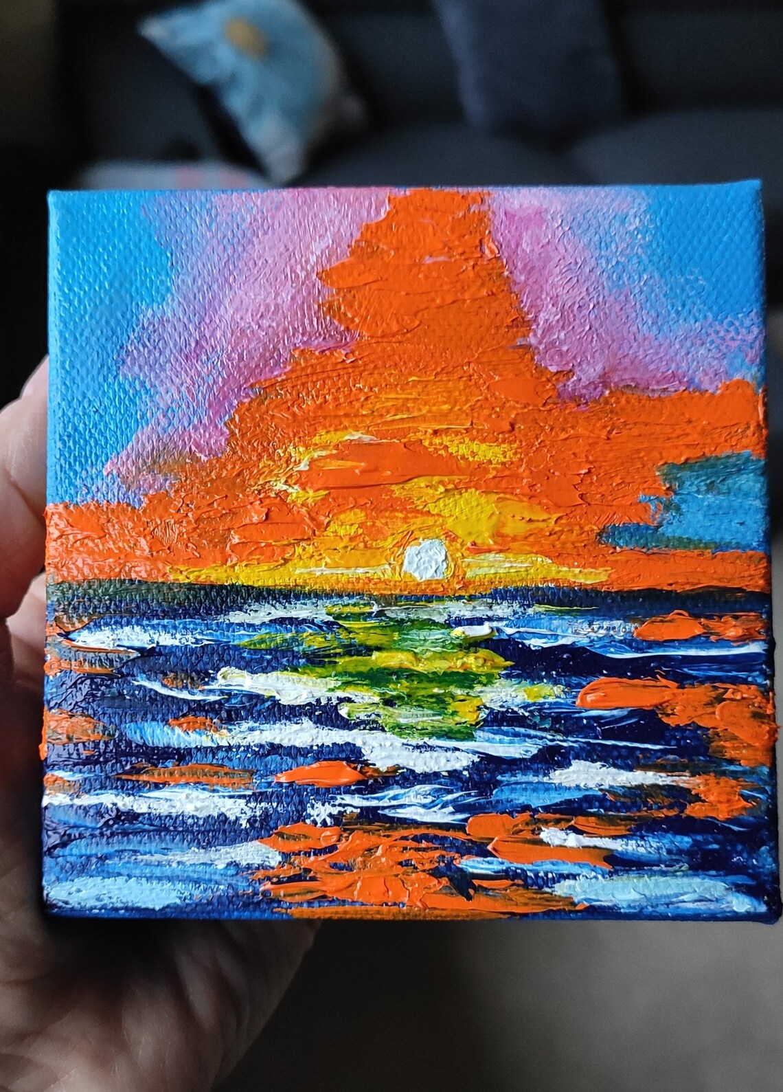 Abstract Ocean Sunset Orange Sky Impasto Oil Painting Mini Wall Art - Image 2