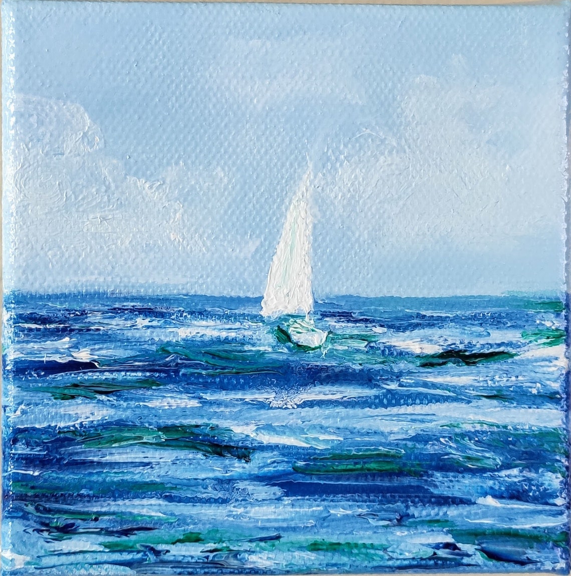Lone Sailboat On Calm Blue Sea Under Soft Pale Sky Nautical Art Poster - Image 2