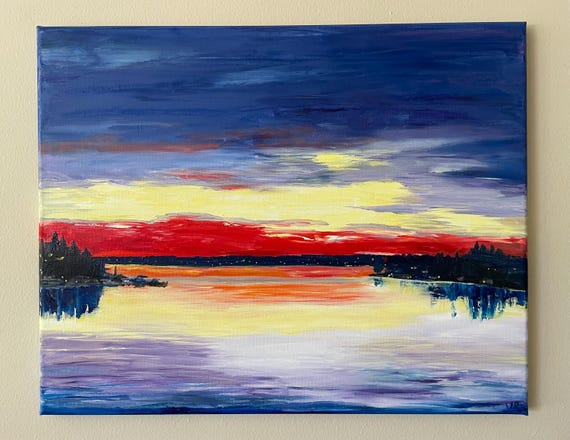 Sunset On Lake Washington From Meydenbauer Bay Park Bellevue Original Handmade Oil Painting On Seattle Across Lake Washington