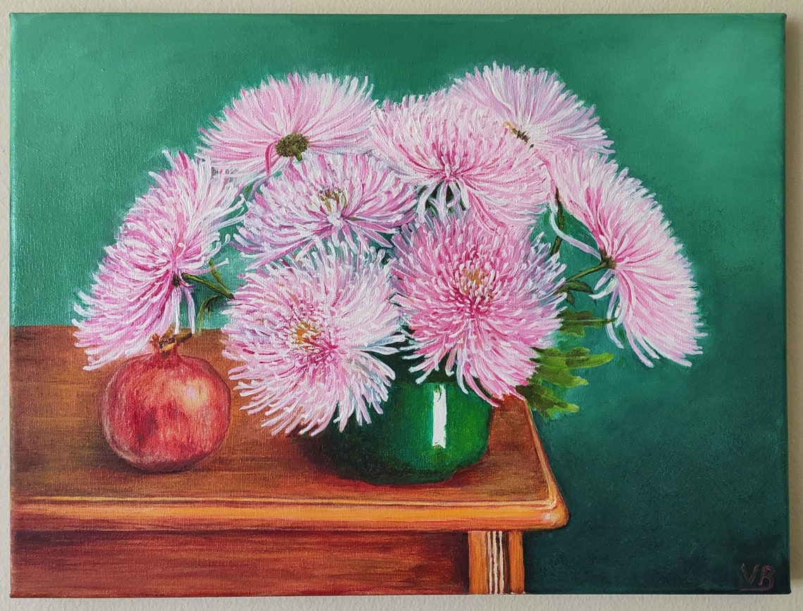 Pink Chrysanthemums In Green Vase Wooden Table Still Life Poster